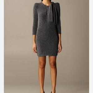 IRO Perk tie-neck silver Metallic ( lurex) stretch knit mini dress